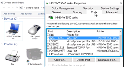 Example of a WSD Port option in the printer ports with the check box selected